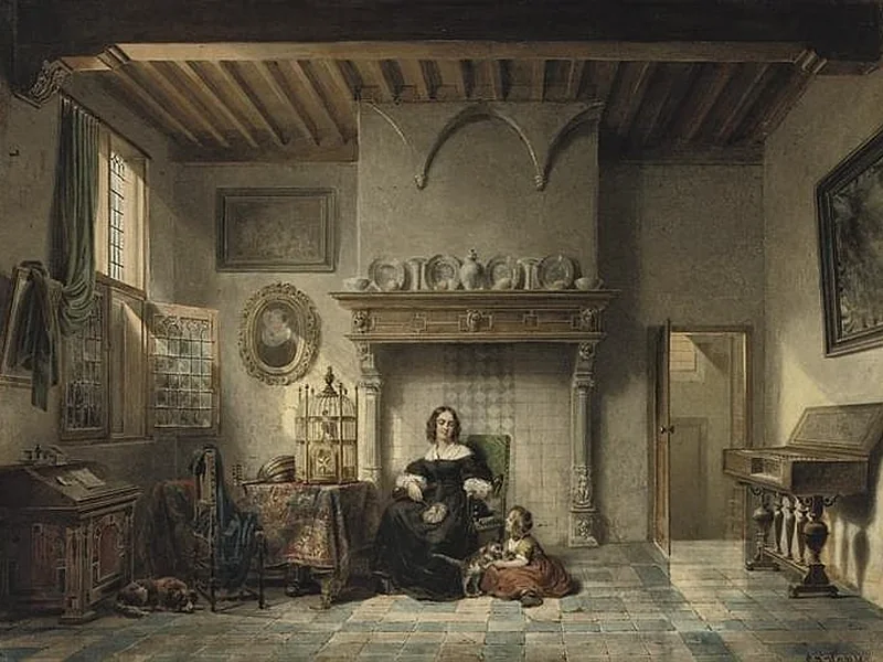 1803-Lambertus Johannes Hansen - Interno con una donna e una ragazza